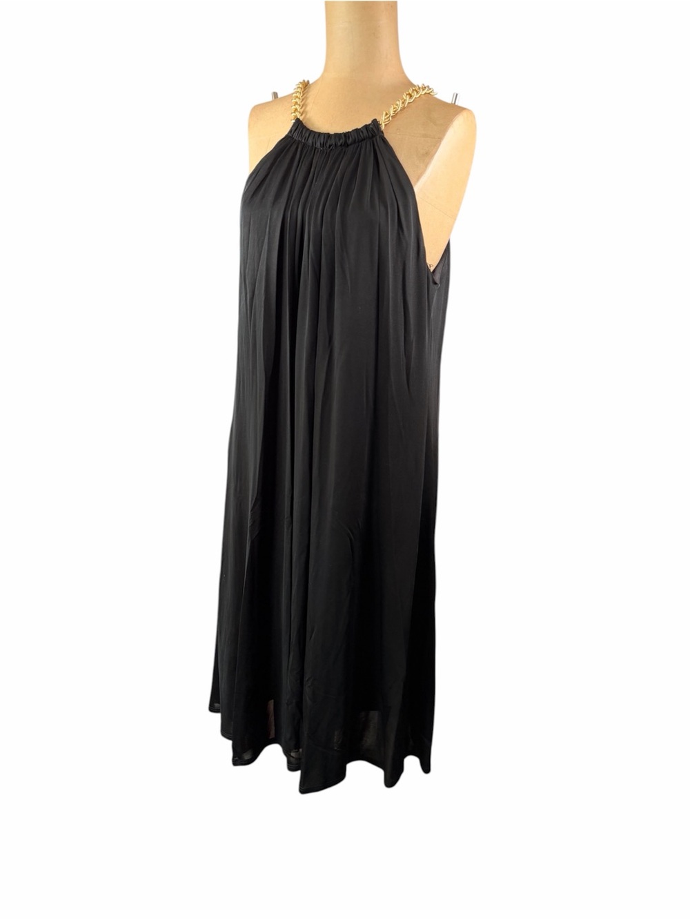 ANNE KLEIN Black Draped Shift Dress with Gold Chain Detail